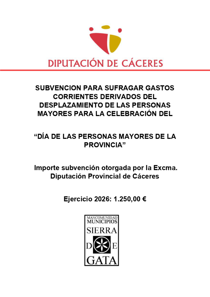 Cartel de subvención de la diputación de Cáceres, el importe de la subvención otorgada es de 1.250,00 Euros.