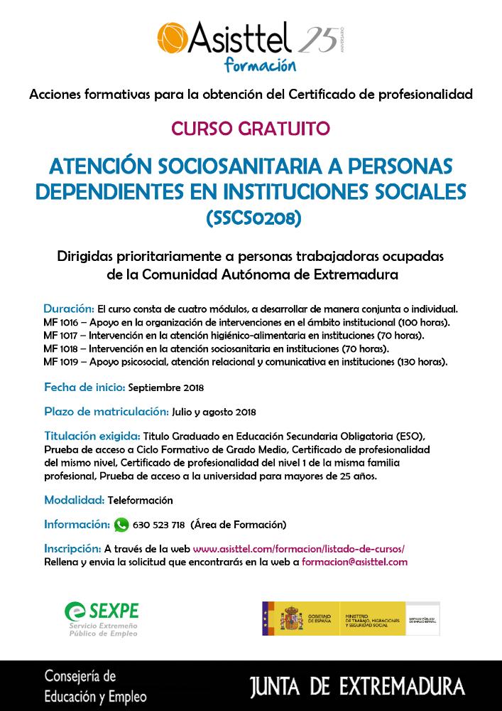 Imagen Curso Gratuito para la obtención del Certificado de profesionalidad - Atención Sociosanitaria a personas dependientes en instituciones sociales