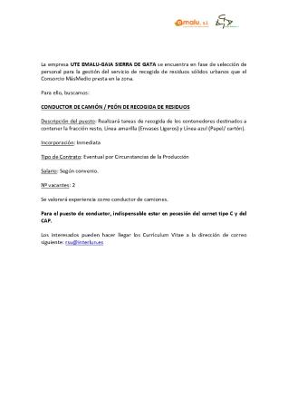 Imagen OFERTA DE EMPLEO: CONDUCTOR DE CAMIÓN / PEÓN DE RECOGIDA DE RESIDUOS