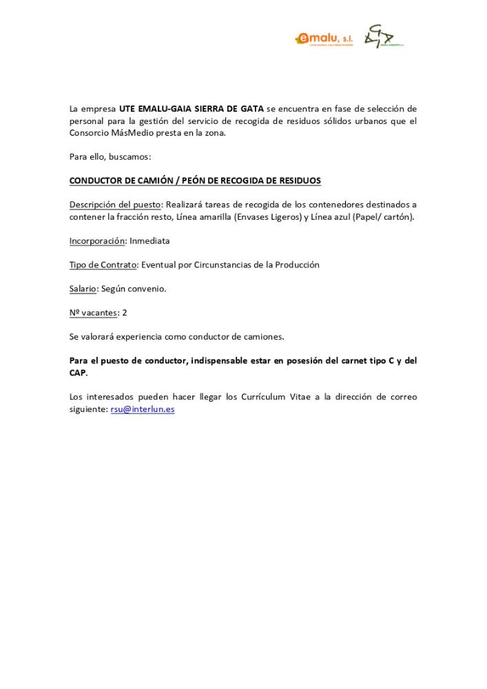 Imagen OFERTA DE EMPLEO: CONDUCTOR DE CAMIÓN / PEÓN DE RECOGIDA DE RESIDUOS
