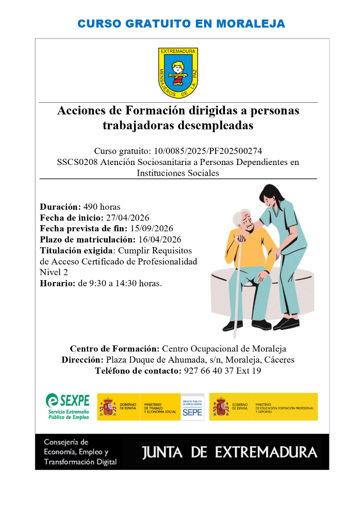 Imagen NUEVO CURSO GRATUITO EN MORALEJA - Atención Sociosanitaria a Personas Dependientes en Instituciones Sociales
